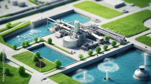 Modern Sustainable Water Treatment Plant: Aerial View of Eco-Friendly Facility