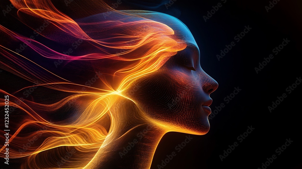 Obraz premium Woman profile, light trails, dark background, concept