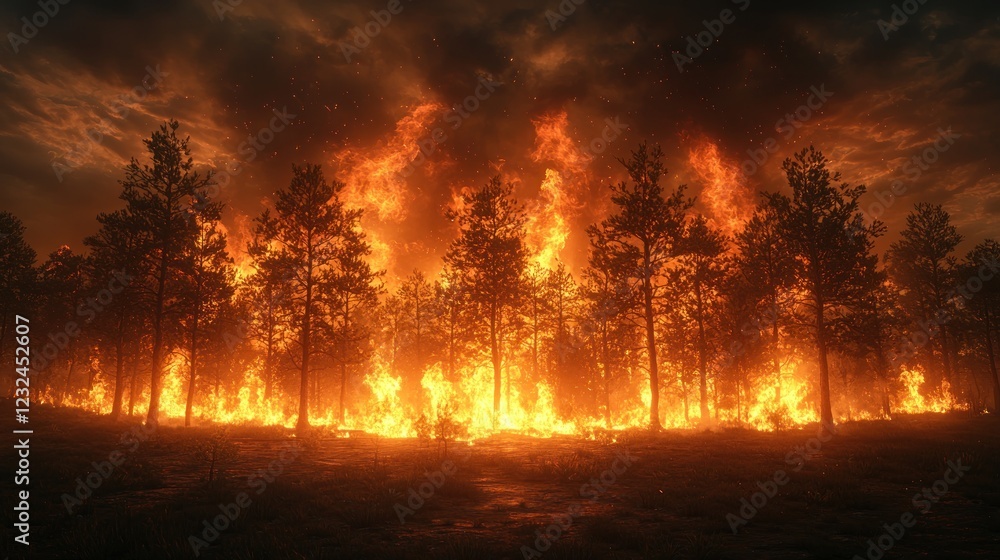 Fiery Inferno Consumes Forest Trees at Night Fiery Inferno Consumes Forest Trees at Night