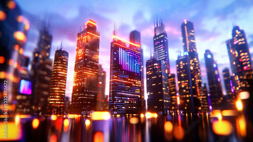 Vibrant city skyline at dusk, illuminated skyscrapers reflecting on the water, showcasing urban life and technology Vibrant city skyline at dusk, illuminated skyscrapers reflecting on the water, showcasing urban life and technology