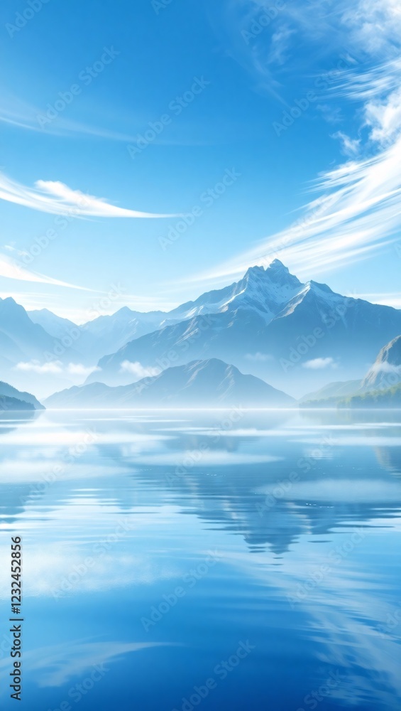Serene mountain lake with clear water and mist in the morning for phone wallpaper Serene mountain lake with clear water and mist in the morning for phone wallpaper