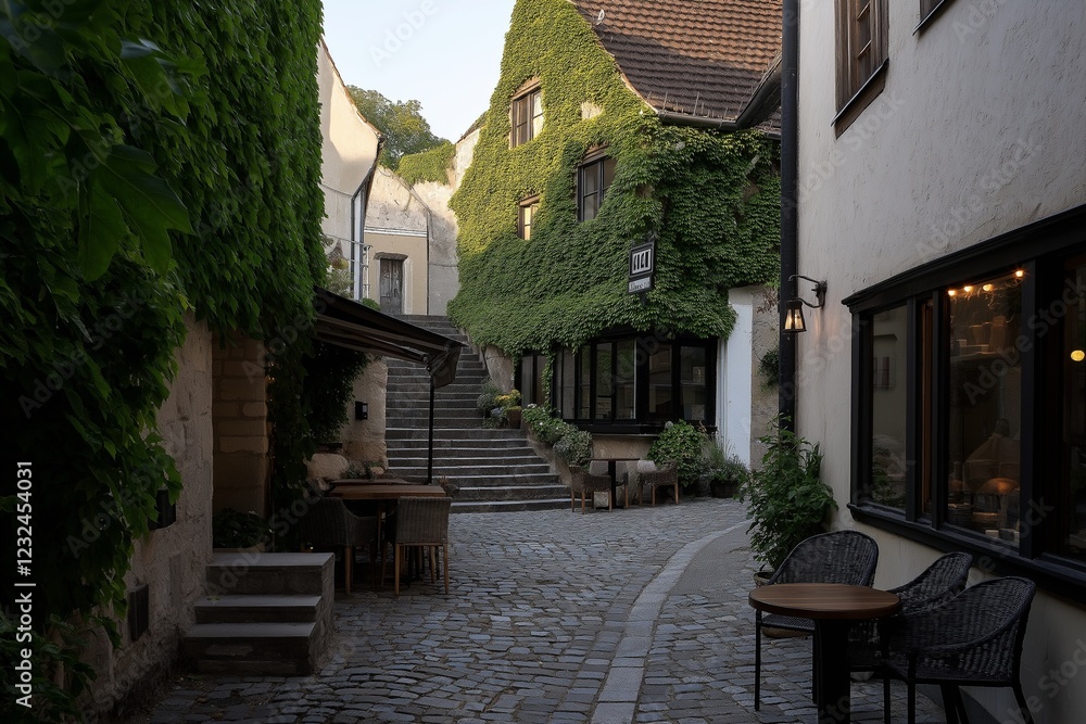 Obraz premium A narrow alleyway with a stone walkway and a row of tables and chairs