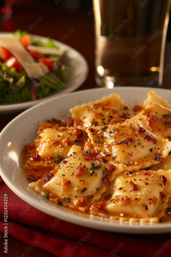 Ravioli: A plate of homemade ravioli stuffed with ricotta and spinach, drizzled with butter sauce and sprinkled with Parmesan cheese. Ravioli: A plate of homemade ravioli stuffed with ricotta and spinach, drizzled with butter sauce and sprinkled with Parmesan cheese.