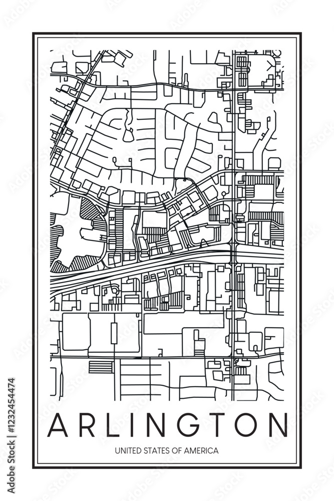 Obraz premium Printable downtown road map poster of the USA city of ARLINGTON on solid white background with city name