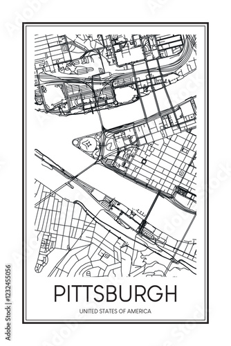 Printable downtown road map poster of the USA city of PITTSBURGH on solid white background with city name