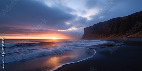 A beautiful sunset over the ocean with a cliff in the background