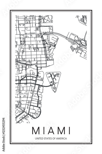 Printable downtown road map poster of the USA city of MIAMI on solid white background with city name