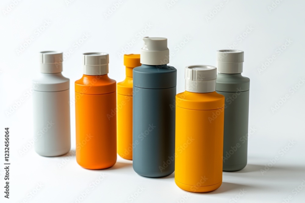 Colorful collection of modern bottles on a clean background. Perfect for design inspiration and product branding. Showcasing vibrant colors and unique shapes. Generative AI. Colorful collection of modern bottles on a clean background. Perfect for design inspiration and product branding. Showcasing vibrant colors and unique shapes. Generative AI.
