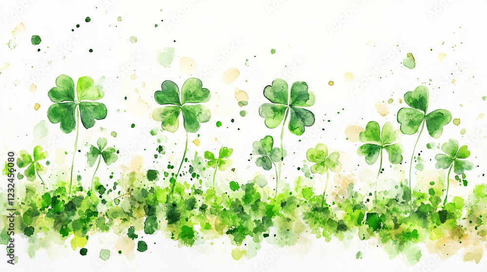 Celebrating the spirit of St. Patrick's Day with vibrant green clovers and festive watercolor artistry in a lush, lively setting Celebrating the spirit of St. Patrick's Day with vibrant green clovers and festive watercolor artistry in a lush, lively setting