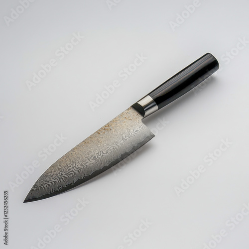 Professional damascus steel santoku knife lying on white background photo