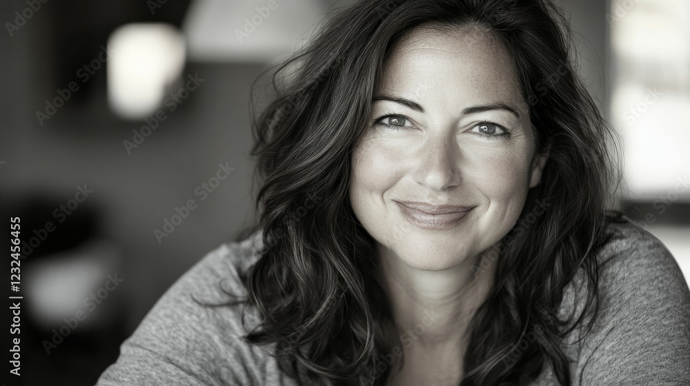 Naklejka premium Monochrome portrait of woman smiling at camera softly.