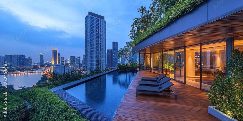 Obraz premium Luxury Rooftop Infinity Pool with Stunning City Skyline View at Dusk