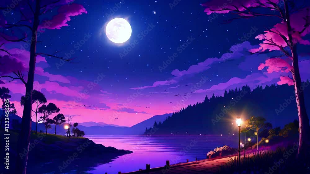 Scenic moonlit lake with glowing purple sky, trees, and serene reflections under a starry night. Seamless looping time-lapse animation video background.
Scenic moonlit lake with glowing purple sky, trees, and serene reflections under a starry night. Seamless looping time-lapse animation video background.