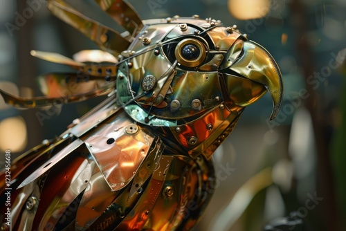 Close up of a parrot sculpture created from recycled computer parts, showcasing intricate details and craftsmanship photo