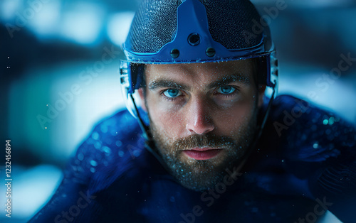 Frozen Focus: A hockey player's intense gaze before the face-off. photo