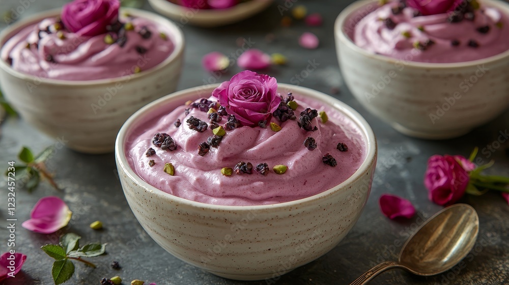 Elegant pink dessert featuring rose and pistachios. A delightful treat, perfect for a special occasion or a moment of self-indulgence Elegant pink dessert featuring rose and pistachios. A delightful treat, perfect for a special occasion or a moment of self-indulgence