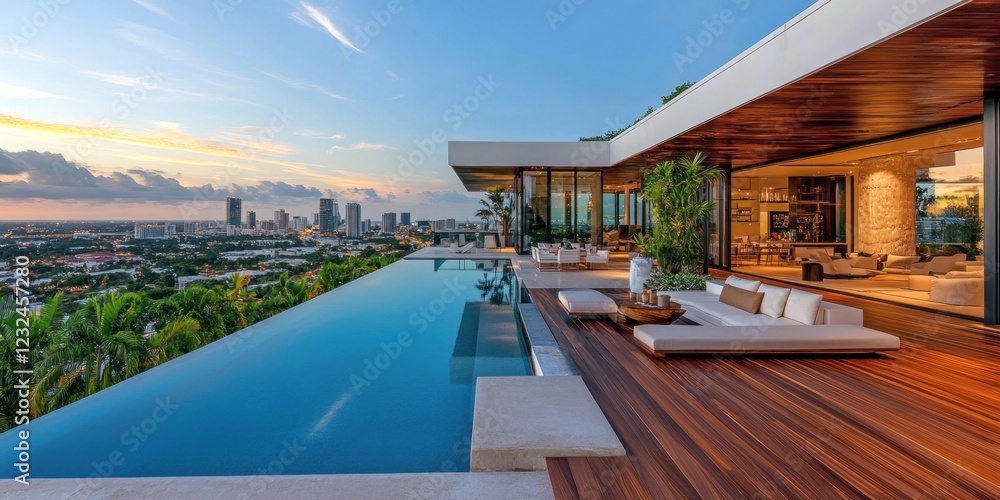 Fototapeta premium Luxury Infinity Pool with City View at Sunset