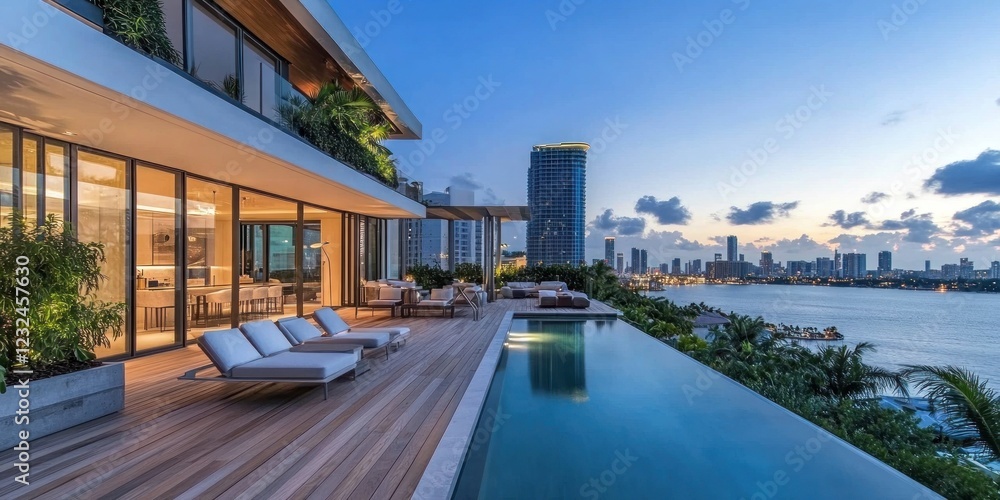 Fototapeta premium Luxury Waterfront Mansion at Dusk: Miami Skyline View