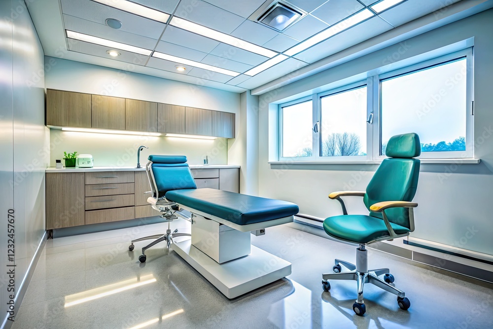 Gleaming chrome, sterile white, diagnostic screens hum; a modern medical exam room awaits. Gleaming chrome, sterile white, diagnostic screens hum; a modern medical exam room awaits.