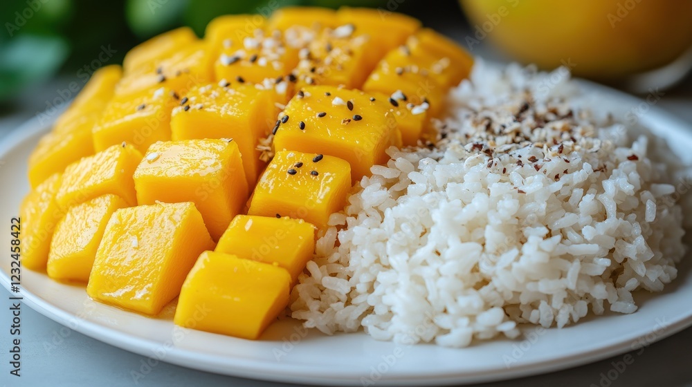 Delicious Thai Mango Sticky Rice Dessert with Freshly Sliced Mangoes and Steamed Sticky Rice Sprinkled with Sesame Seeds - Perfect Tropical Sweet Dish