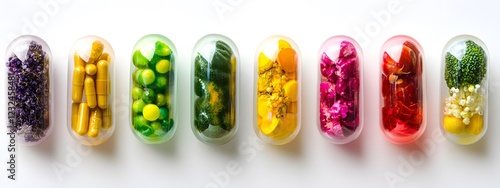 A row of colorful multivitamin capsules filled with fruits and vegetables
