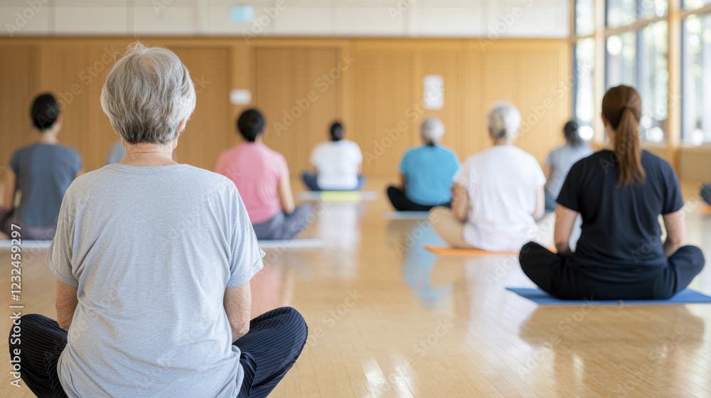 Elderly individuals practicing yoga in serene studio environment, promoting wellness and mindfulness Elderly individuals practicing yoga in serene studio environment, promoting wellness and mindfulness