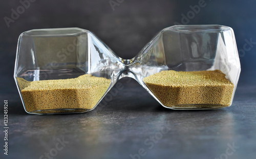 Close up laying sideway transparent Hourglass with golden Sand, sand glass in dark background, Time Stop or balance time concept, for advertising