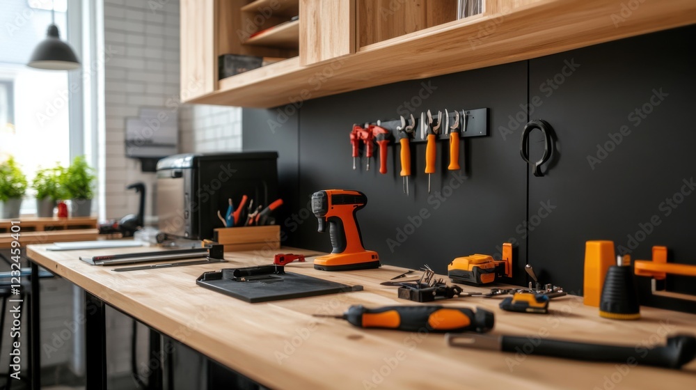 Stylish and Modern Workshop Interior Featuring Organized Tools, Bright Lighting, and Functional Wooden Surfaces for Creative DIY Projects Stylish and Modern Workshop Interior Featuring Organized Tools, Bright Lighting, and Functional Wooden Surfaces for Creative DIY Projects