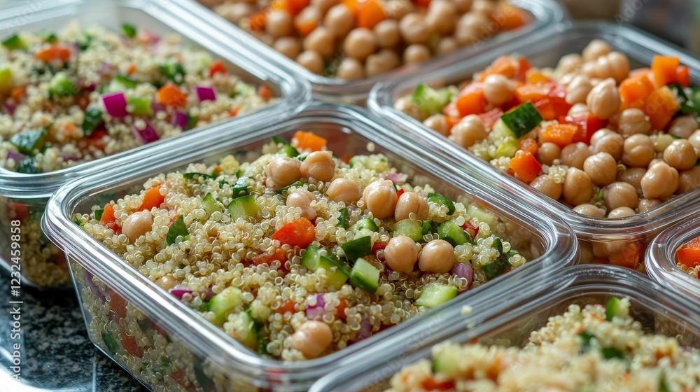 Quinoa salad with chickpeas and chopped vegetables in containers. Quinoa salad with chickpeas and chopped vegetables in containers.