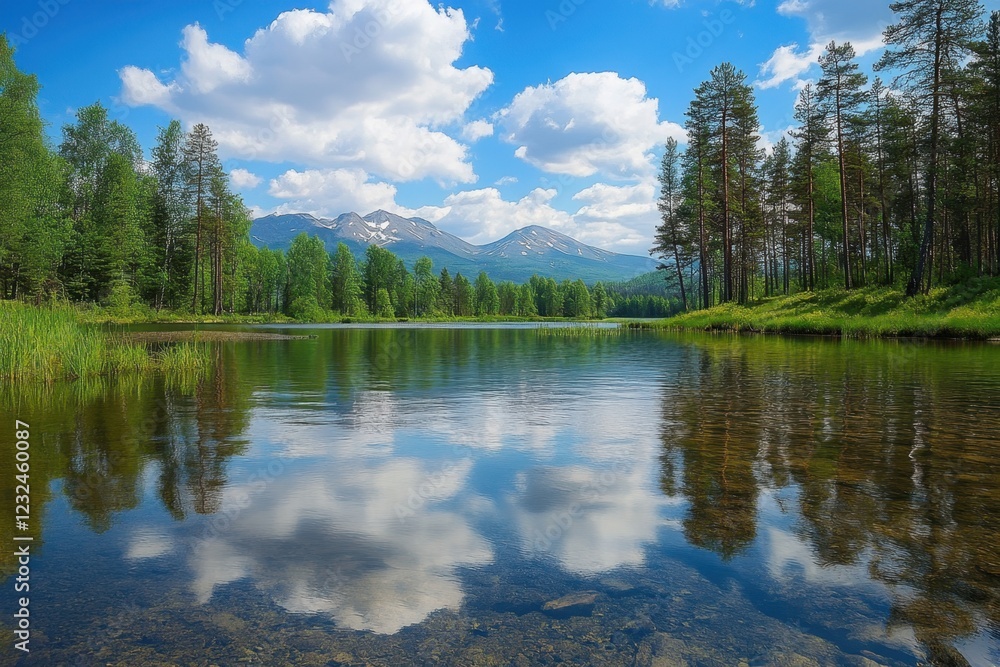 Obraz premium Majestic landscape of serene lake surrounded by green trees and mountains on a bright day