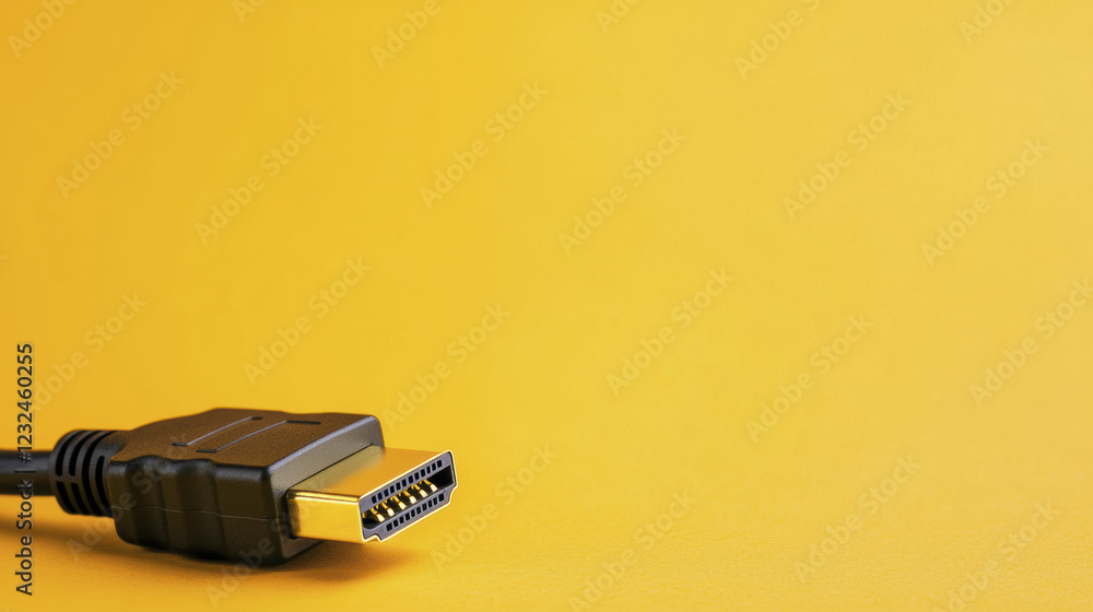 close up of black HDMI cable connector on yellow background, showcasing minimalist design and vibrant color contrast close up of black HDMI cable connector on yellow background, showcasing minimalist design and vibrant color contrast