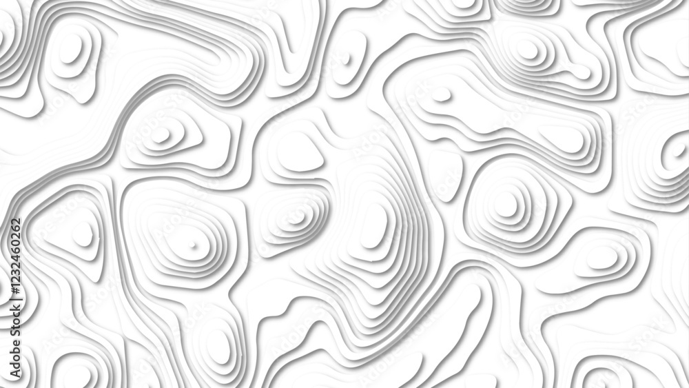 Abstract 3d wavy line paper cut white background. Topographic canyon geometric map relief texture with curved layers and shadow. Abstract 3d wavy line paper cut white background. Topographic canyon geometric map relief texture with curved layers and shadow.