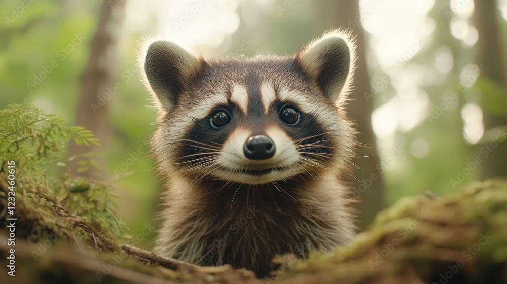 Adorable Raccoon Smiling Amid Forest Greenery and Natural Light Adorable Raccoon Smiling Amid Forest Greenery and Natural Light