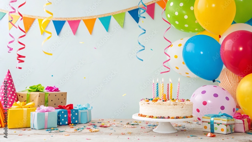 Bright Colorful Birthday Party Background with Cake and Gifts - Left Copy Space Bright Colorful Birthday Party Background with Cake and Gifts - Left Copy Space