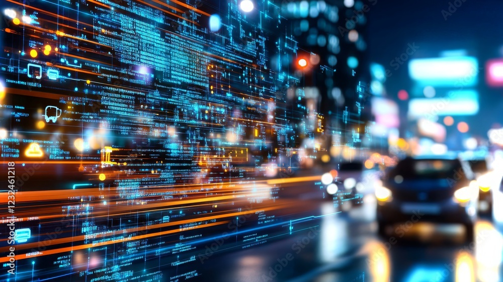 Cityscape illuminated by digital data streams at night with traffic motion Cityscape illuminated by digital data streams at night with traffic motion