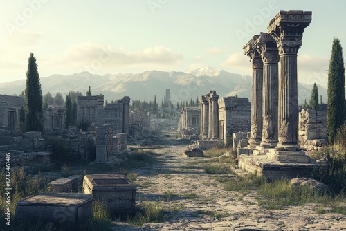 Ancient ruins showcasing classical architecture in a scenic mountainous landscape at twilight