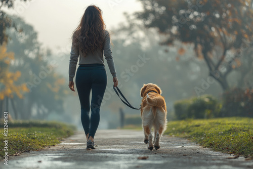Woman dog walking park path backdrop