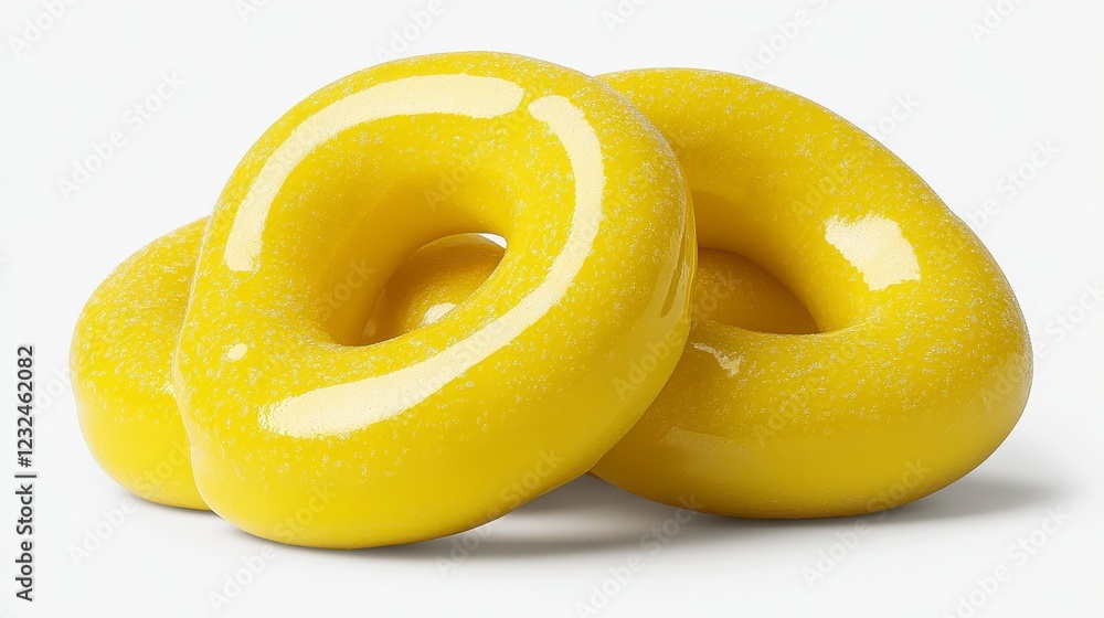 Three bright yellow doughnuts with a sparkly glaze are stacked on a white background. The doughnuts have a simple ring shape, and their glossy Three bright yellow doughnuts with a sparkly glaze are stacked on a white background. The doughnuts have a simple ring shape, and their glossy