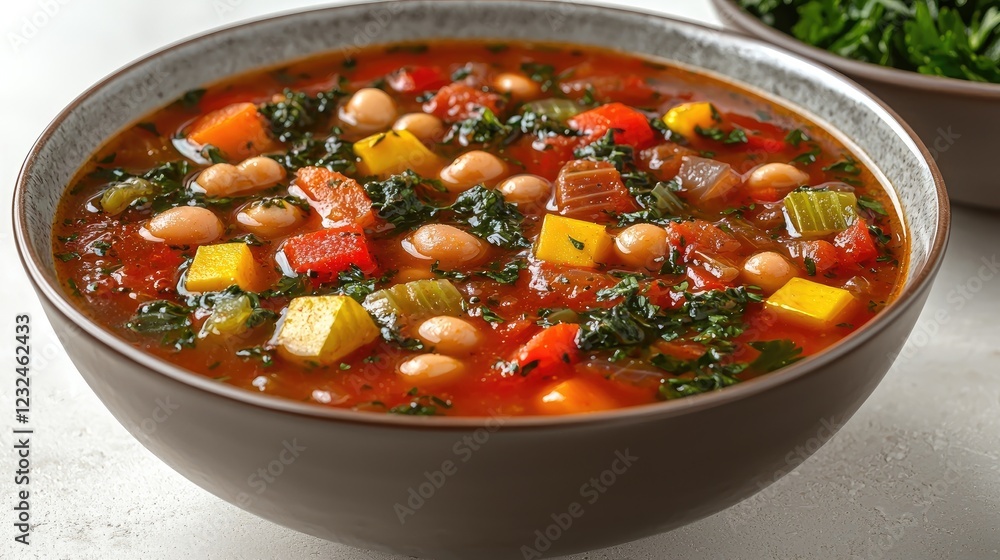 A vibrant bowl of vegetable soup featuring beans and greens, set on a light background A vibrant bowl of vegetable soup featuring beans and greens, set on a light background