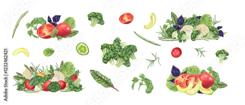 Watercolor boiled peeled shrimps with fresh vegetables, herbs clip art illustration isolated background. Healthy seafood, avocado, lemon slice, asparagus dish. Care food for culinary projects, menu