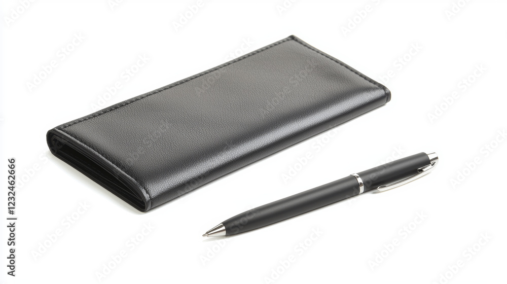 sleek black wallet and pen on white background, perfect for business use sleek black wallet and pen on white background, perfect for business use