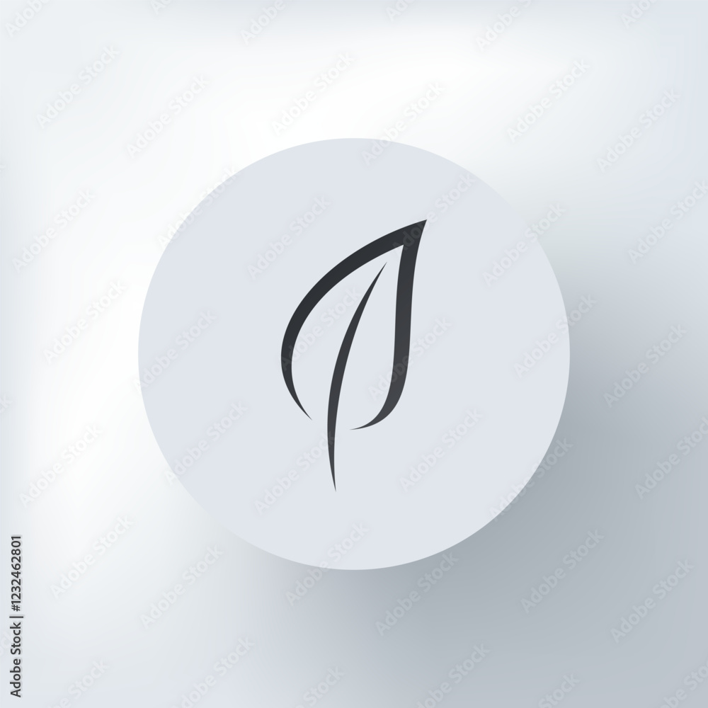 Minimalistic leaf icon in black and white on a light gray circular background. Minimalistic leaf icon in black and white on a light gray circular background.
