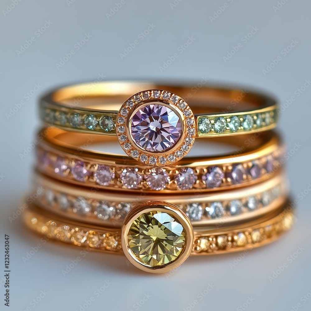Elegant Stack of Colorful Gemstone Rings on Soft Background Elegant Stack of Colorful Gemstone Rings on Soft Background