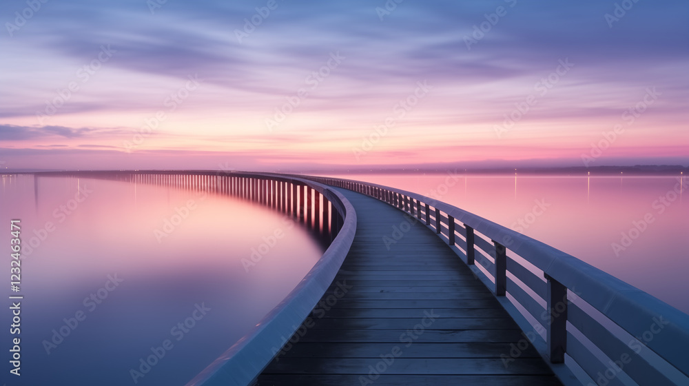 Obraz premium long wooden bridge curved edges calm water dusk pastel colors purple pink blue serenity