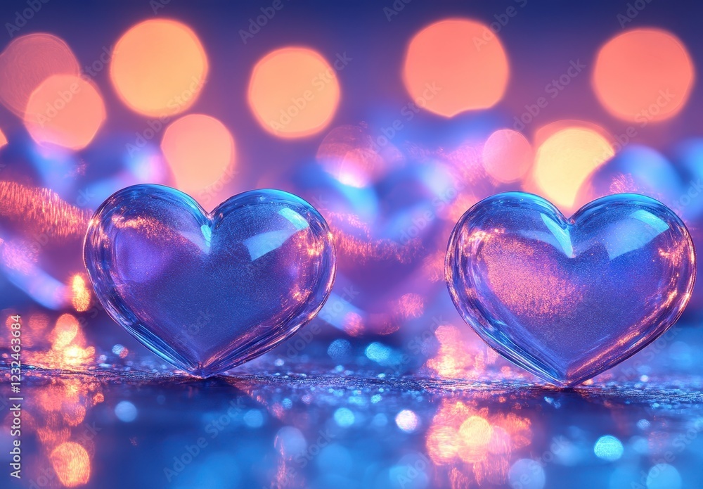 Two translucent blue glass hearts sparkle on a glittery surface, illuminated by warm bokeh lights in the background. Romantic and dreamy atmosphere Two translucent blue glass hearts sparkle on a glittery surface, illuminated by warm bokeh lights in the background. Romantic and dreamy atmosphere