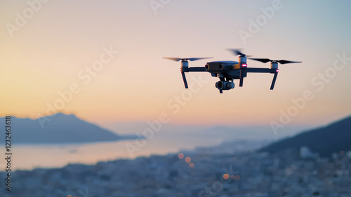 Aerial drone flying over cityscape at sunset, capturing stunning views