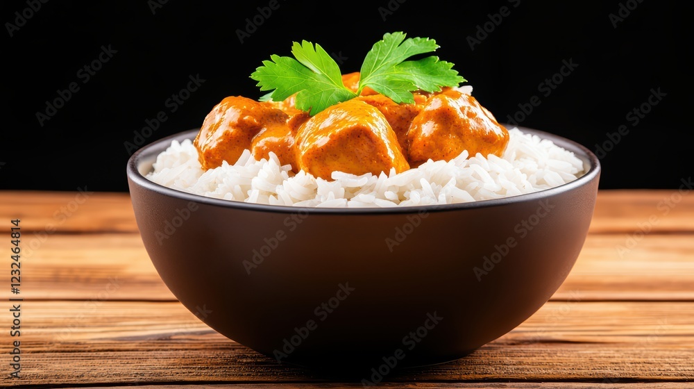 Delicious Bowl of Chicken Curry on White Rice with Fresh Herbs Delicious Bowl of Chicken Curry on White Rice with Fresh Herbs