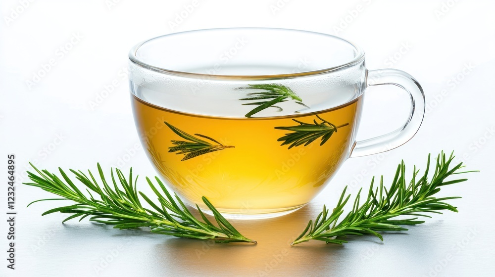 Glass Cup of Golden Rosemary Tea with Sprigs Glass Cup of Golden Rosemary Tea with Sprigs