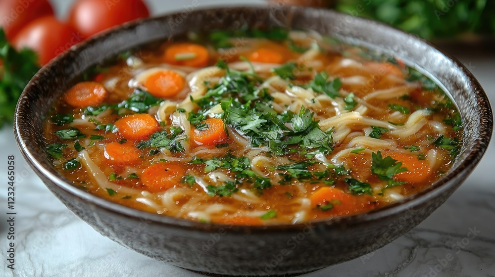 Bowl of vibrant noodle soup with carrots and herbs, set against a rustic kitchen backdrop Bowl of vibrant noodle soup with carrots and herbs, set against a rustic kitchen backdrop
