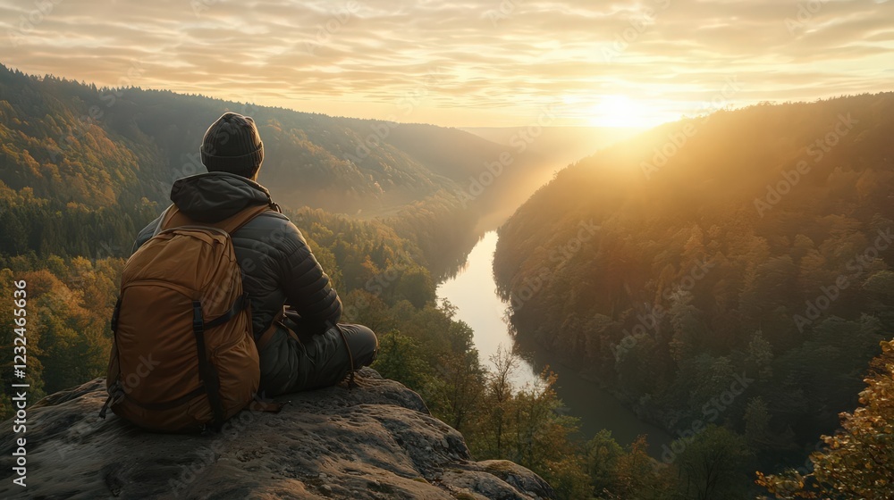 Fototapeta premium Hiker enjoying sunrise vista